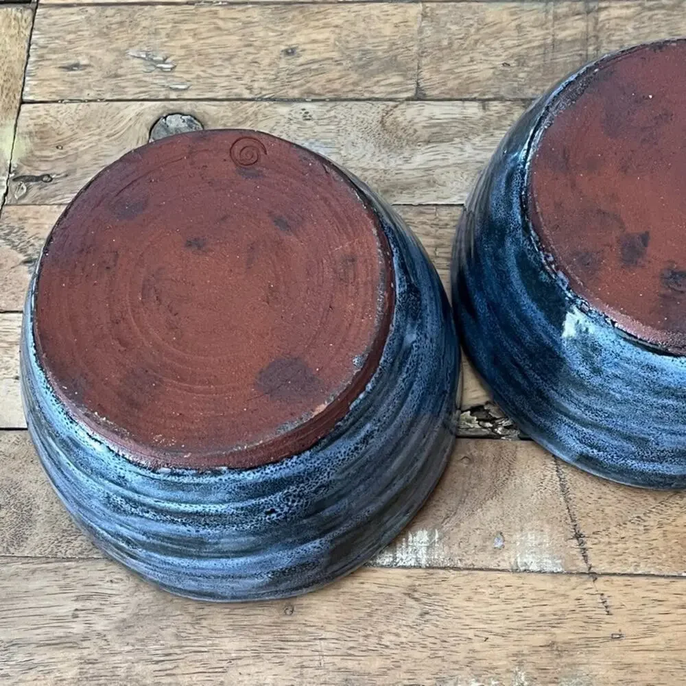Handmade Ceramic Bowls Terracotta Base Blue & White Spiral Glaze Finish